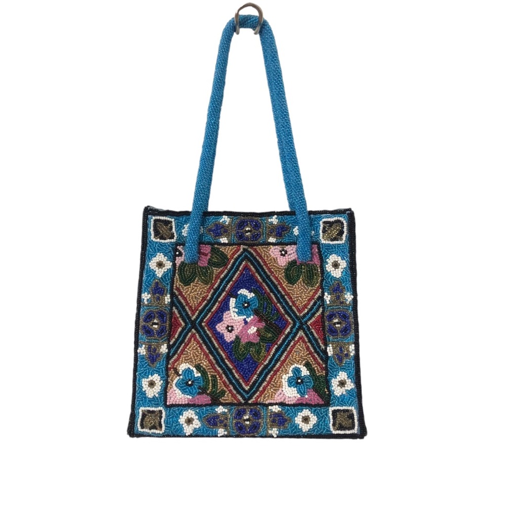 Blue multi-color floral beaded handbag